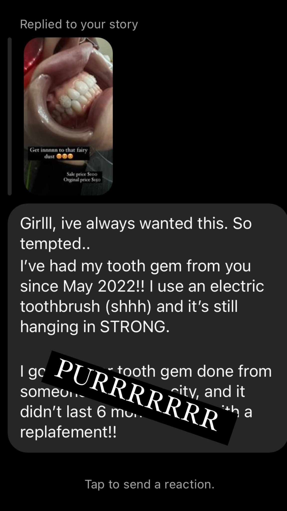 Client review text message about tooth gem longevity