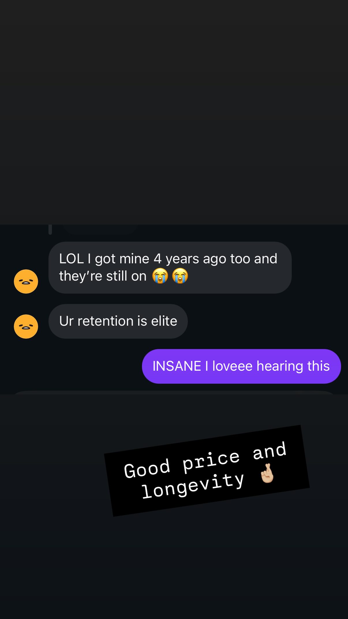 Client review text message about 3 years longevity
